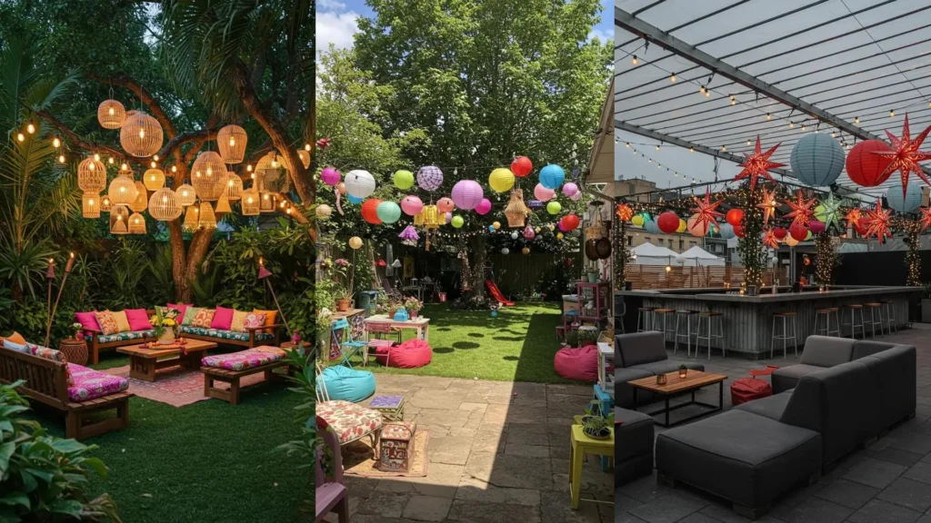 Installations variées de lampions suspendus et guirlandes lumineuses créant un look festival en extérieur.
