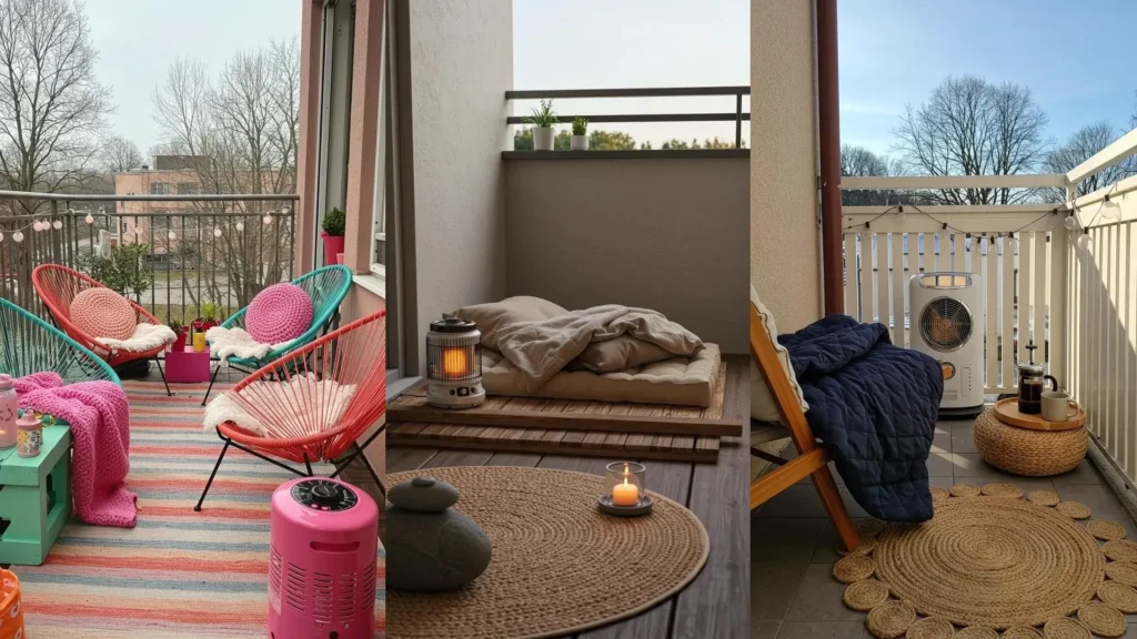 Aménagements cocooning d'hiver sur balcon avec chauffe-terrasse portable, couvertures douces et tapis pour terrasse.