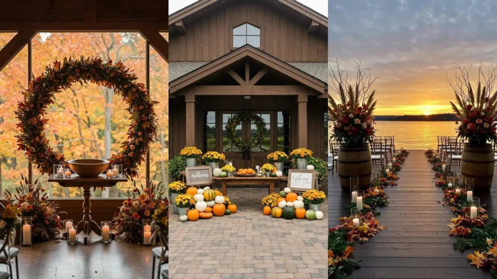 Décoration de mariage automne avec couronnes de feuilles, citrouilles et bougies. Idées DIY pour une ambiance festive.