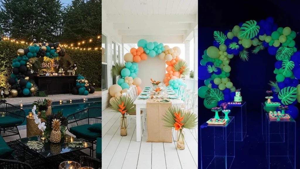 Trois idées de déco de fête tropicale: arches de ballons, feuilles de palmier géantes et centres de table d'anniversaire exotiques.