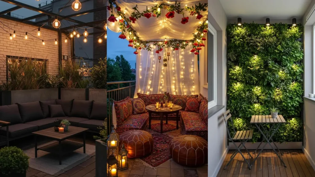 Trois terrasses et balcons cosy décorés avec des guirlandes lumineuses, plantes et lanternes pour une ambiance chaleureuse.
