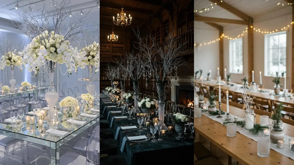 Inspirations déco mariage hivernal : centres de table festifs, branches argentées et verres givrés pour une ambiance magique.