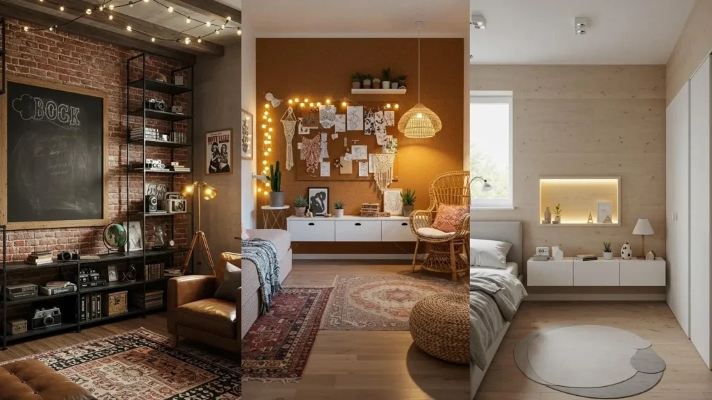 Trois chambres d'ado créatives avec mur tableau, étagères modulaires et éclairage chaleureux.