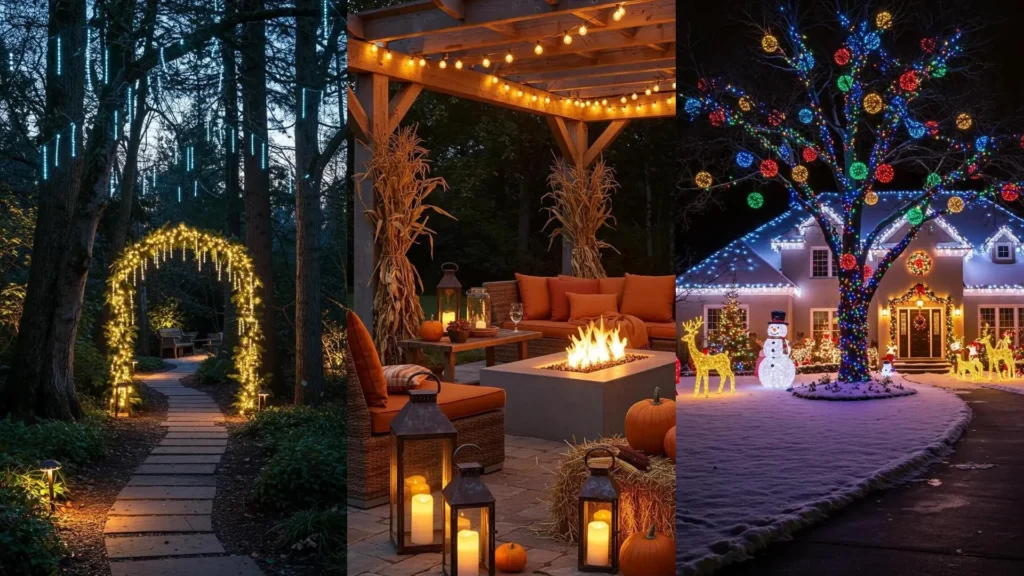 Idées d'éclairage LED extérieur : Noël lumineux, patio d'automne chaleureux et ambiance guinguette estivale.