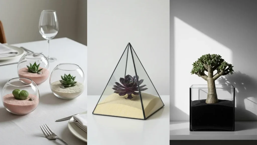 Collection de terrariums minimalistes en verre clair avec sable et succulentes sculptées pour une déco végétale moderne.