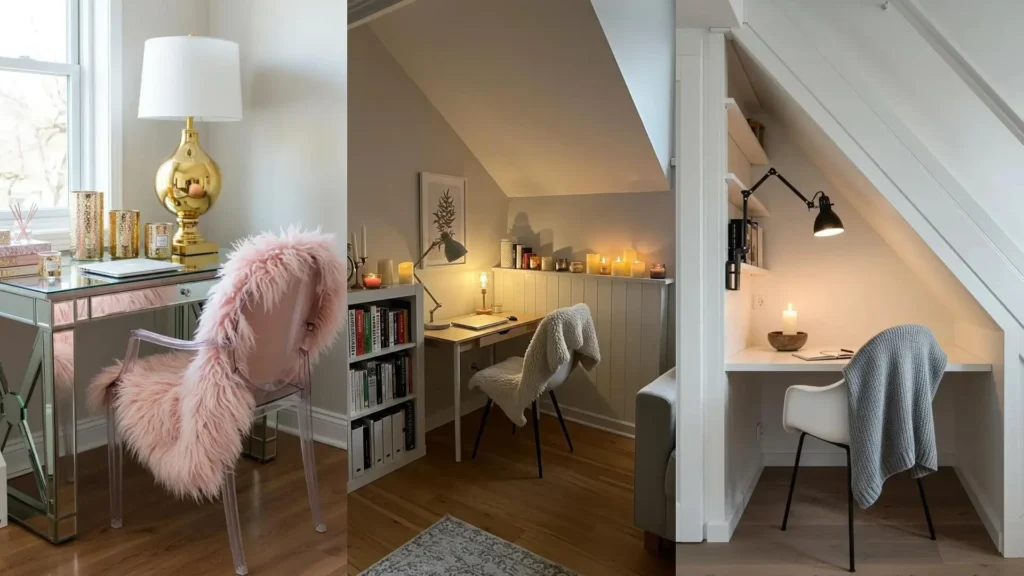 Trois bureaux à domicile chaleureux pour l'hiver avec plaids, lampes d'appoint et bougies pour une ambiance cocooning.