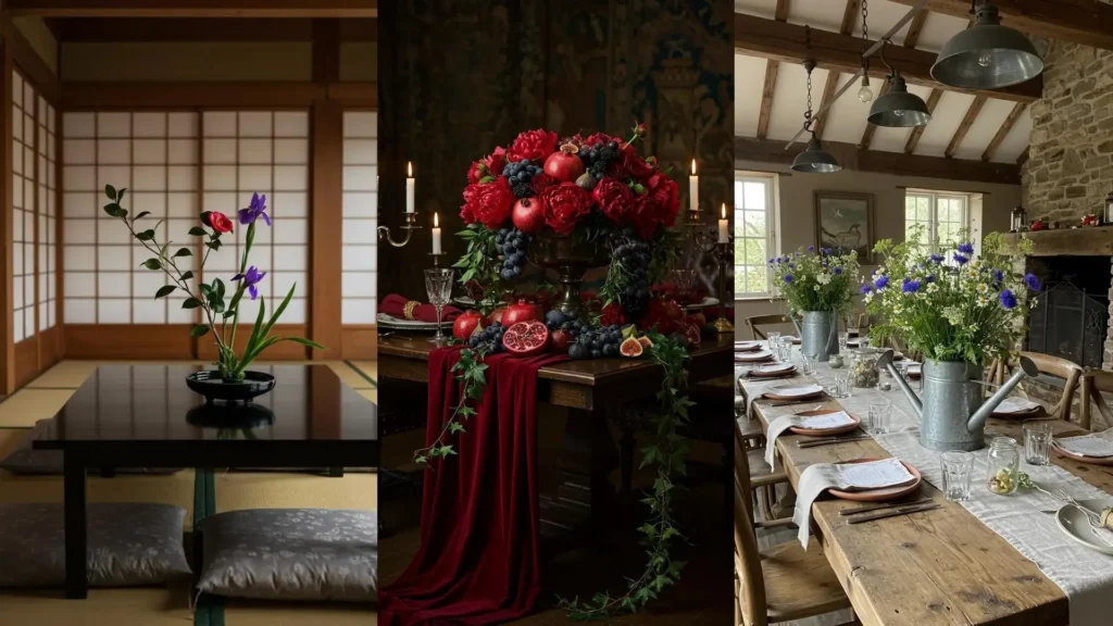 Magnifique centre de table DIY de Saint-Valentin avec fleurs rouges, fruits et bougies, parfait pour une ambiance romantique.
