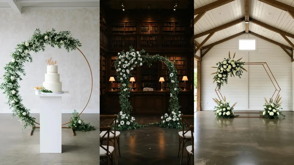 Décoration de mariage moderne : trois arches florales minimalistes avec structure métal fine et fleurs blanches.
