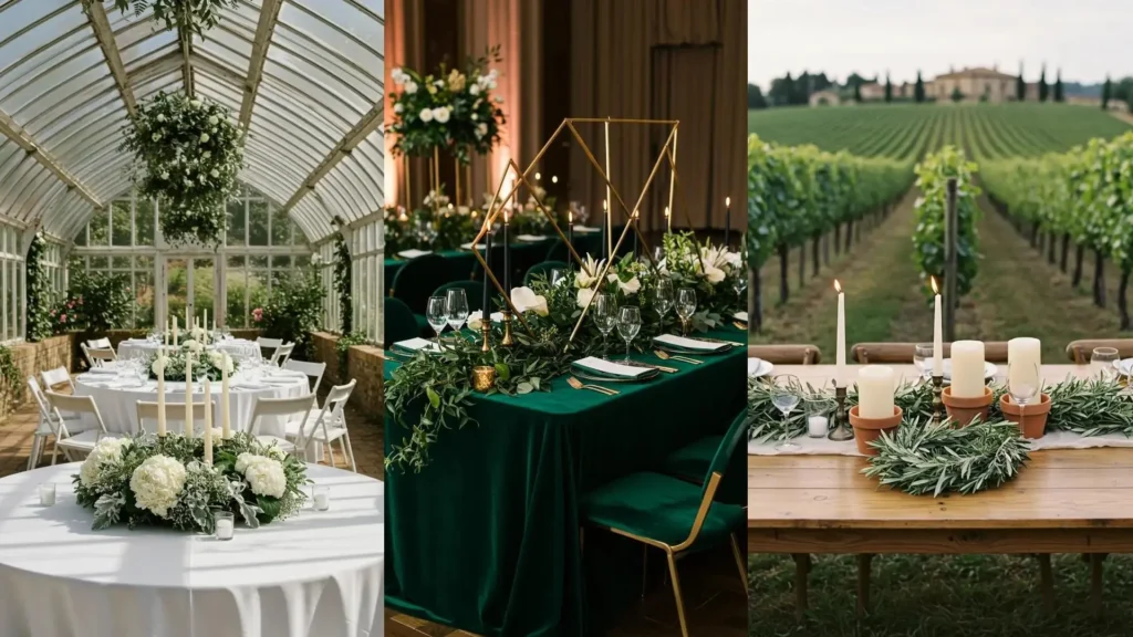 Centres de table de mariage bohème romantique avec couronnes florales et bougies pilier.