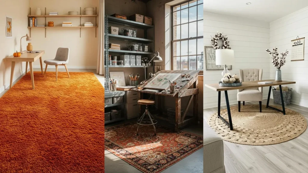 Trois coins bureau maison confortables avec tapis douillets, textures chaudes et déco automnale inspirante pour télétravail.