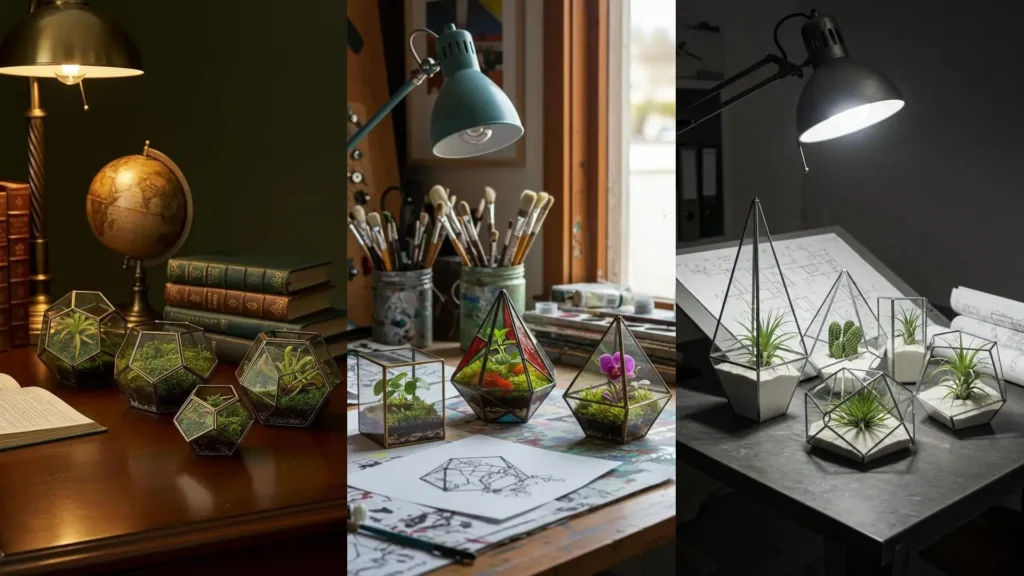 Décoration de bureau créatif avec des terrariums géométriques et de petites plantes vertes. Idéal pour un espace inspirant.