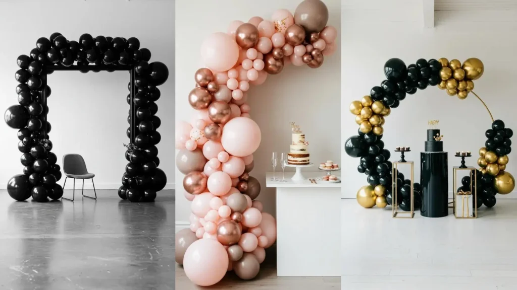 Trois arches de ballons élégantes et minimalistes pour un anniversaire adulte, en noir, or et rose.
