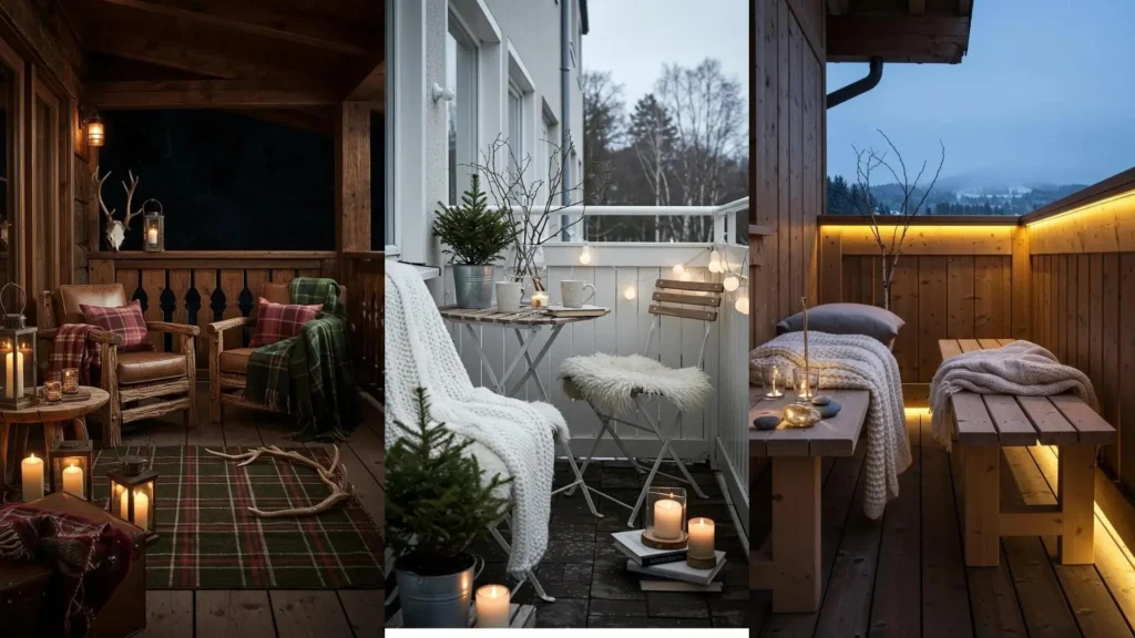 Trois balcons transformés en chalets d'hiver douillets avec bois brut, lumières chaudes et couvertures épaisses.