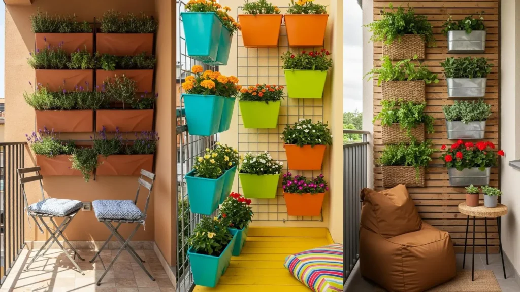 Balcons aménagés avec jardinières design verticales colorées, idéales pour végétaliser et optimiser les petits espaces.