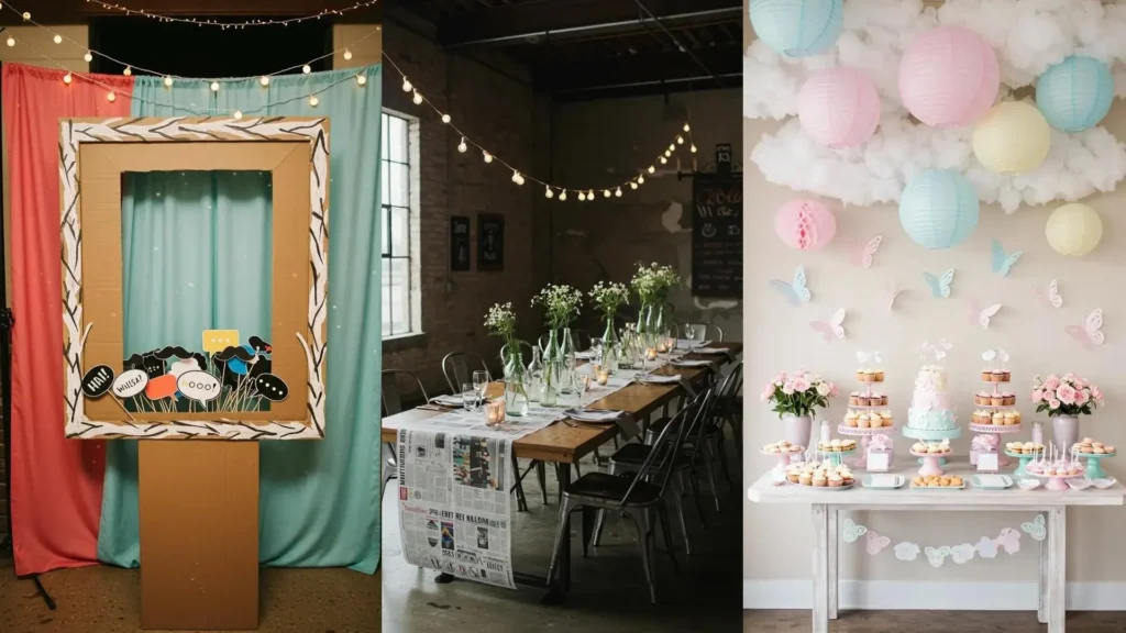 Déco fête petit budget : photomaton en carton, guirlandes, centres de table recyclés et lampions en papier.