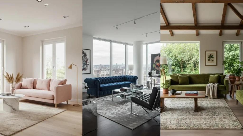 Séjours chics avec canapés en velours et tapis luxueux, illustrant des idées de décoration élégantes.