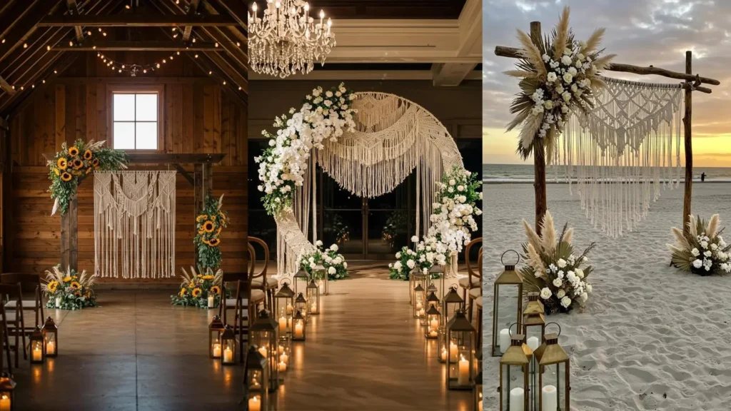 Inspirations DIY pour arches de mariage fleuries avec macramé et lanternes, parfaites pour une cérémonie unique.