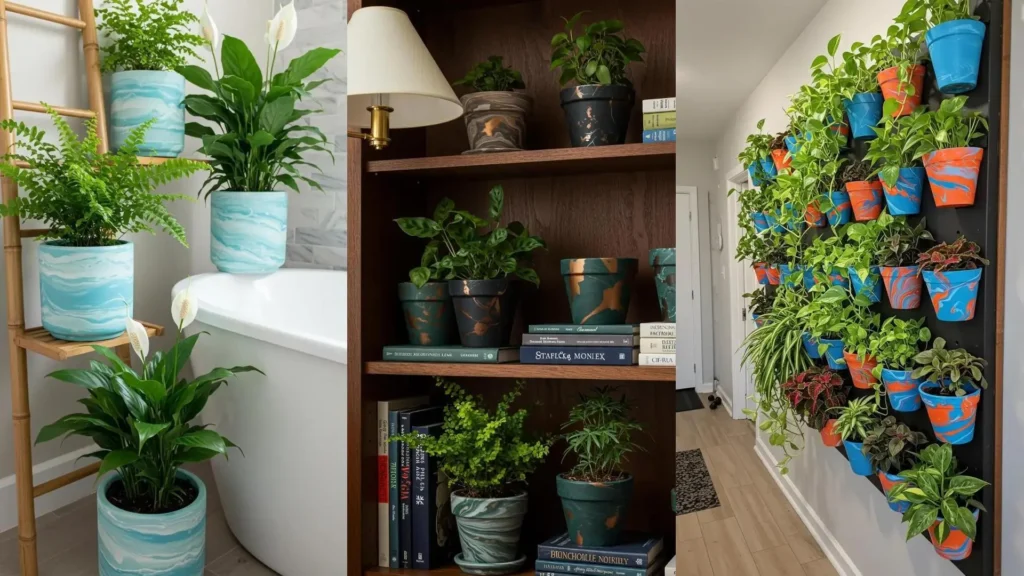 Diverses plantes d'intérieur dans des pots marbrés colorés, créant une décoration DIY unique.
