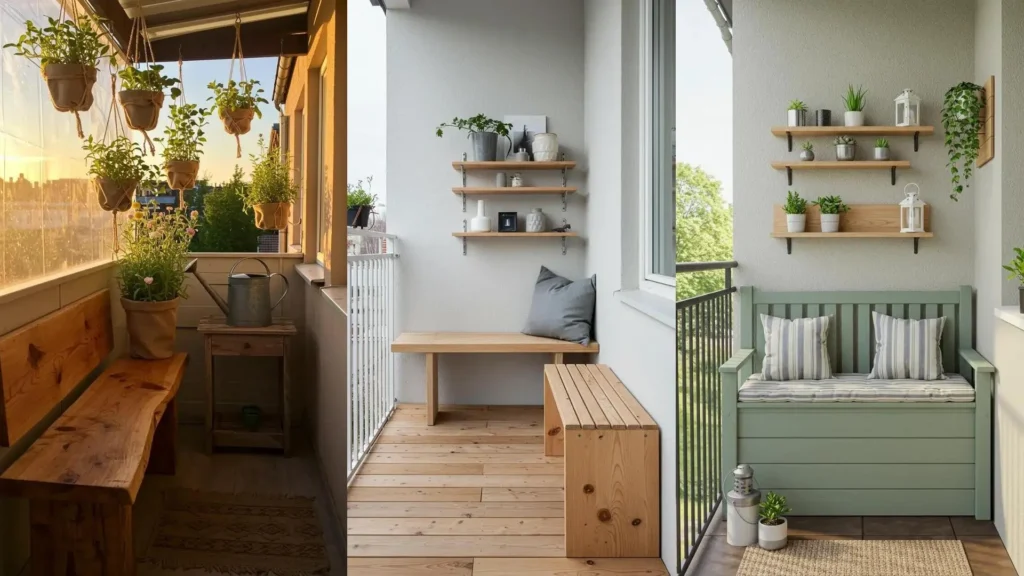 Décoration DIY pour petit balcon avec rangements malins, étagères en bois et plantes suspendues pour un espace optimisé.