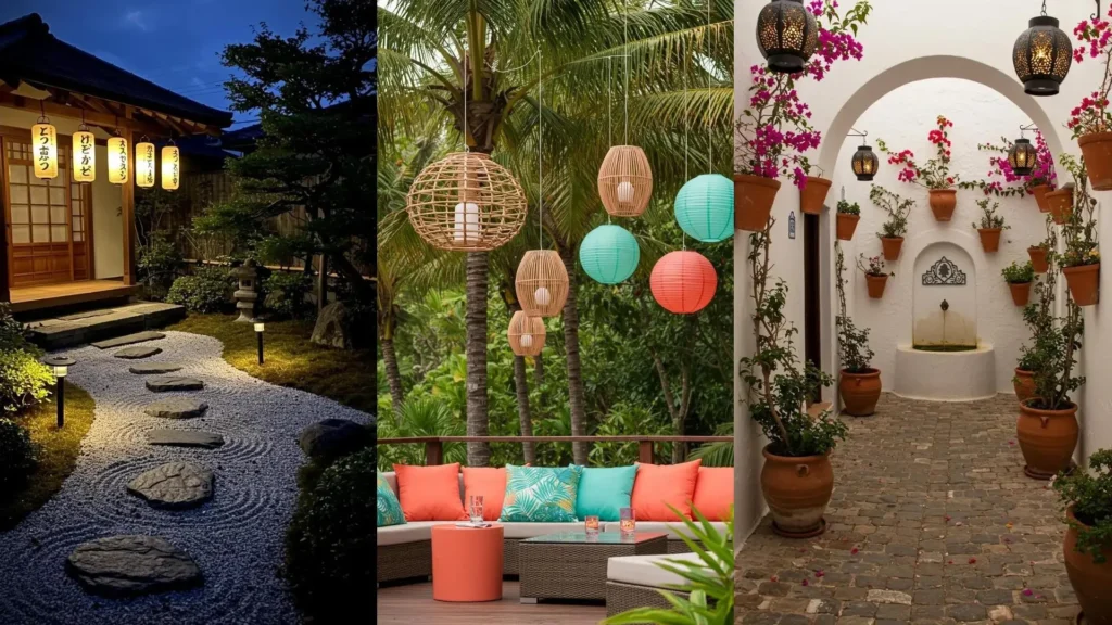 Un assortiment de lampions suspendus et lanternes solaires créant une ambiance romantique dans différents jardins et terrasses.