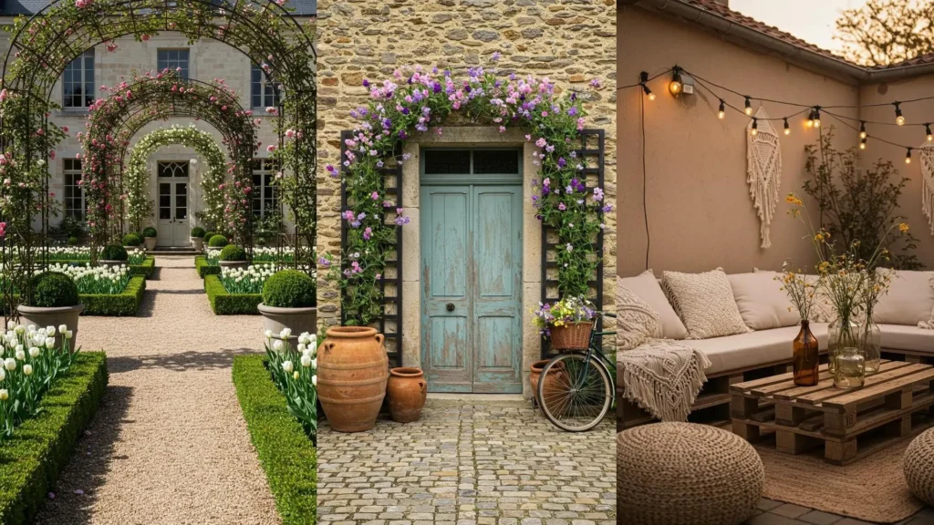 Magnifique cour printanière avec treillis fleuris, entrée décorée et coin lecture cosy avec bouquets sauvages.