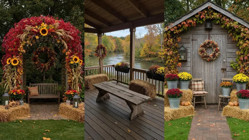 Décorations de jardin automnales avec bottes de paille, couronnes de saison, tournesols et bancs en bois vieilli.