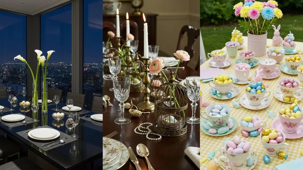 Mini centres de table colorés avec des œufs de Pâques et des fleurs pour une joyeuse table familiale de Pâques.