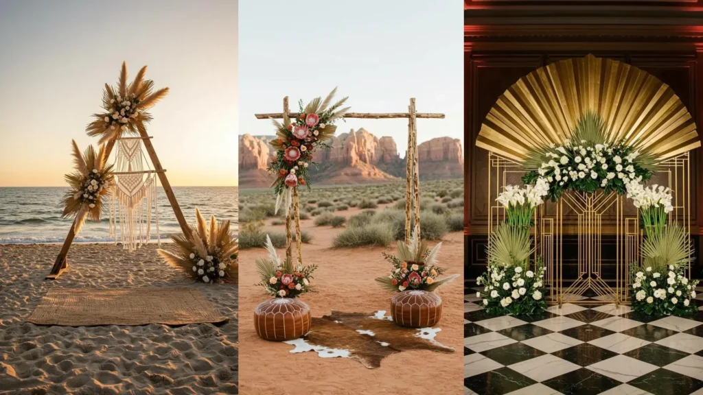 Trois arches florales créatives pour mariage DIY, idéales pour des photoshoots, avec cadres uniques et accessoires de décoration.