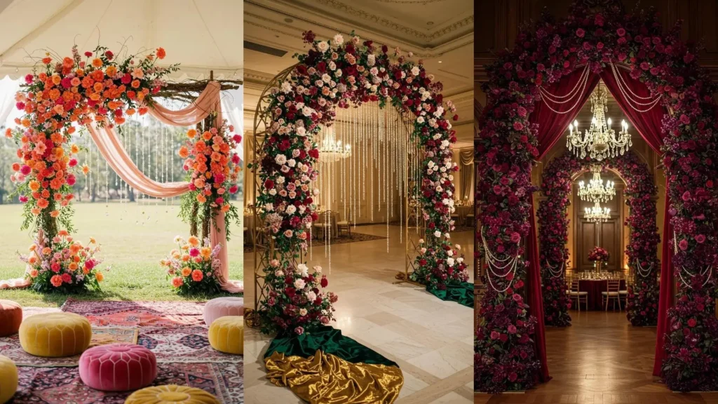 Trois arches florales de mariage vintage, romantique, décorées de roses, perles et drapés de velours.