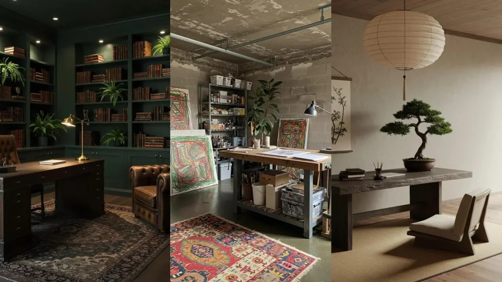 Sélection de bureaux industriels cosy: mélange de bois brut, béton, textiles doux et plantes pour une atmosphère chaleureuse.