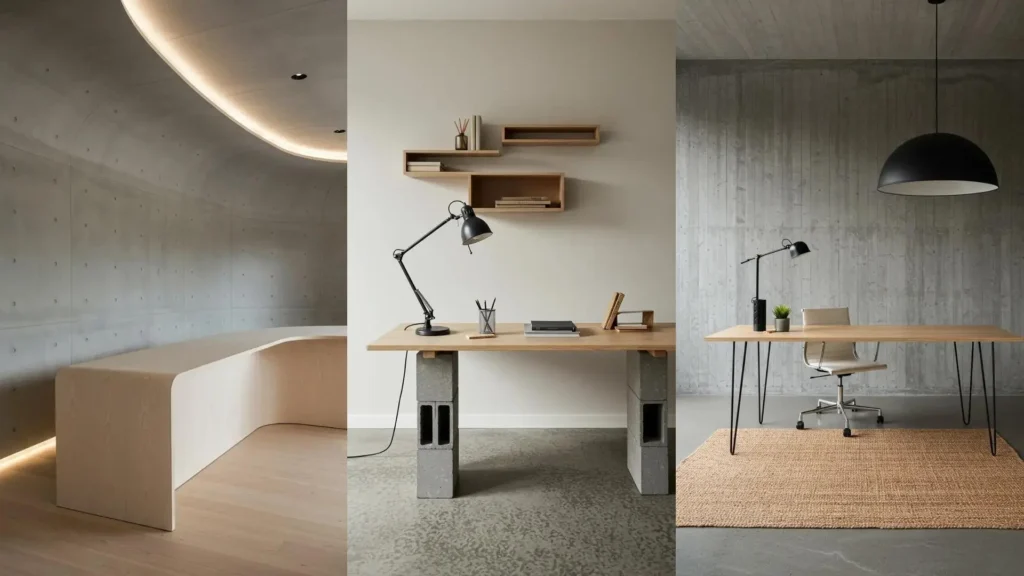 Plusieurs bureaux industriels minimalistes, mélange de béton ciré et bois blond, créant une ambiance contemporaine.