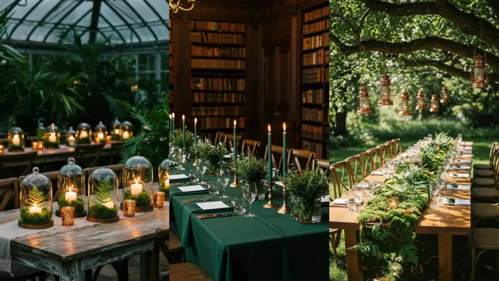 Magnifiques centres de table minimalistes pour mariage avec verre clair, feuillage verdoyant et bougies, dont des lanternes en cuivre.