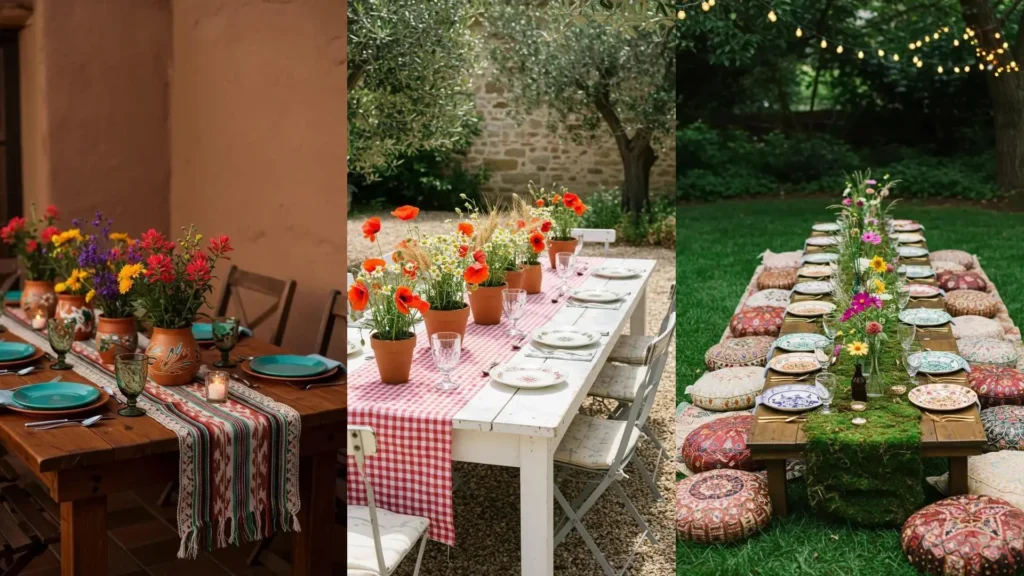 Trois tables d'été rustiques décorées de compositions de fleurs sauvages colorées pour une ambiance champêtre et photogénique.