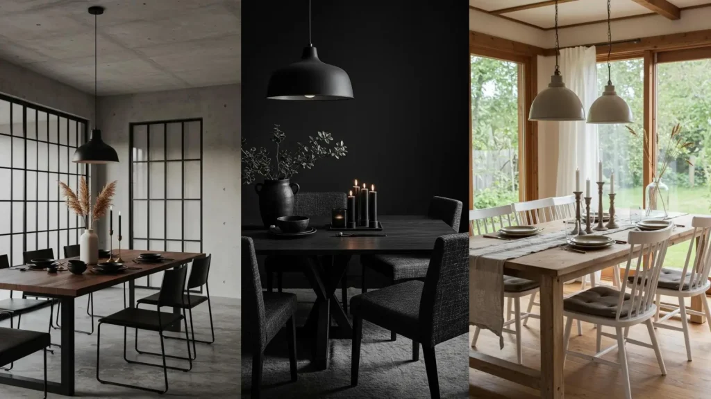 Compositions de tables Japandi minimalistes avec assiettes en céramique, lignes épurées et bougies sobres.