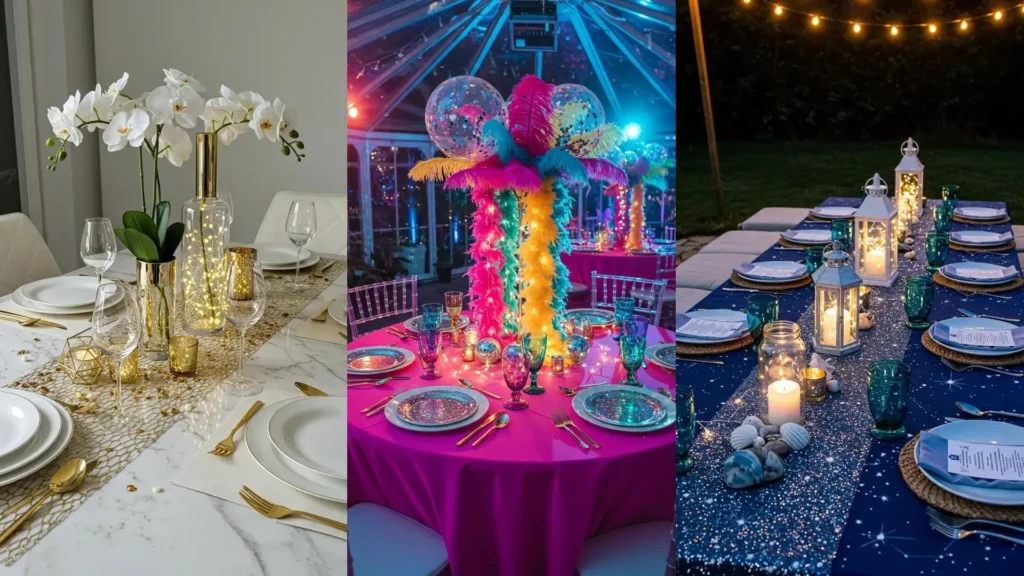 Magnifiques décorations de table scintillantes et glamour pour une soirée festive mémorable, illuminées par des lumières douces.
