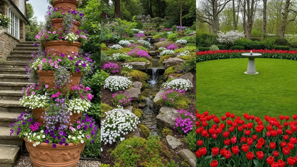 Jardin printanier luxuriant avec des compositions florales, une fontaine miniature et des tulipes rouges.