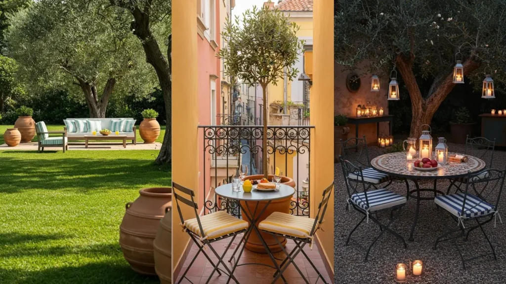 Ambiance méditerranéenne avec oliviers, poteries en terre cuite et coussins rayés dans un jardin ou sur un balcon.