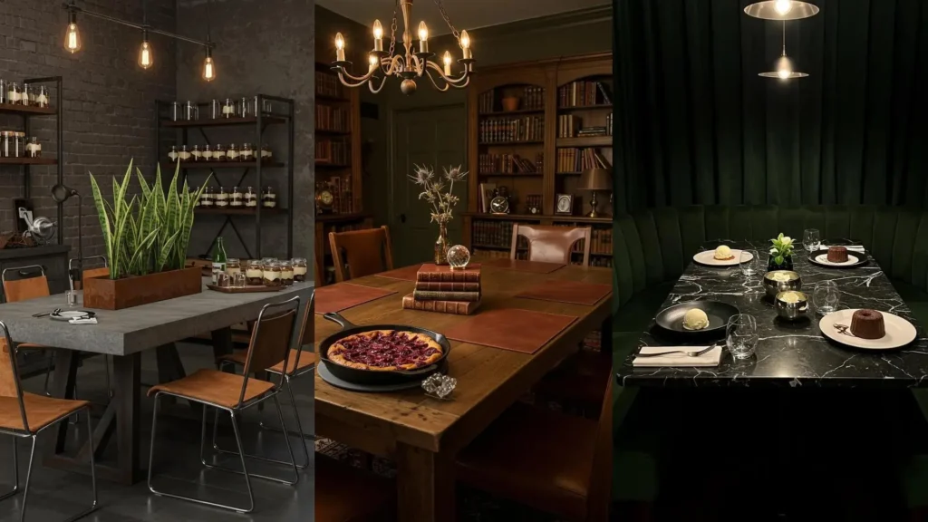 Trois tables élégantes pour un dîner intime : centre de table minimaliste, douce lumière, ambiance raffinée pour anniversaire.