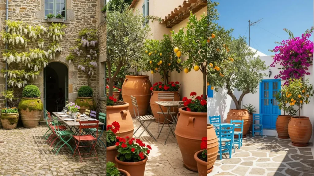 Décoration printanière extérieure: pots XXL fleuris, glycine, géraniums et chaises bistro colorées dans un patio.