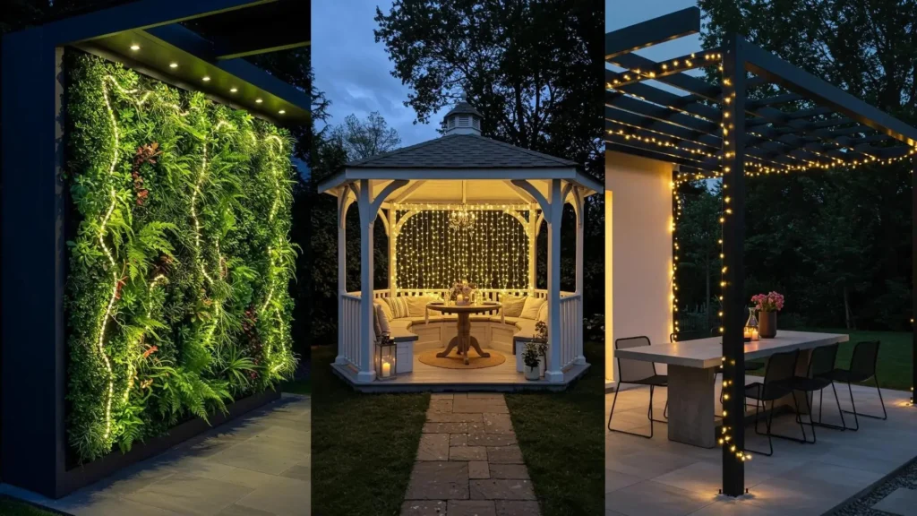 Magnifiques idées d'éclairage DIY pour pergolas, tonnelles et coins repas extérieurs, créant une ambiance lumineuse.