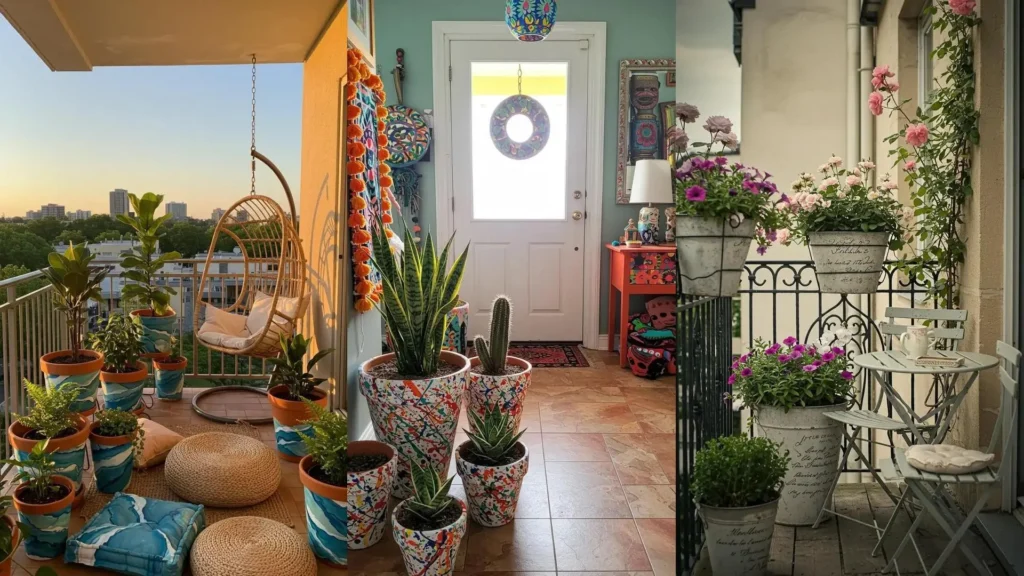 Balcon bohème avec plantes en pots peints à l'encre, une inspiration DIY pour une déco végétale unique.
