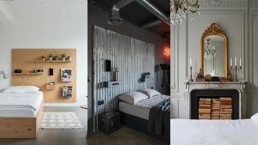 Têtes de lit DIY originales avec rangements malins intégrés. Panneau perforé et design industriel pour une chambre optimisée.