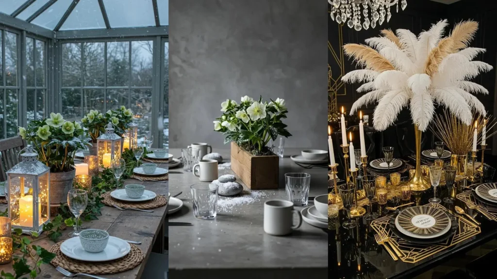 Trois tables de réveillon féeriques avec centres enneigés, bougies lumineuses et verres étincelants pour une ambiance magique.