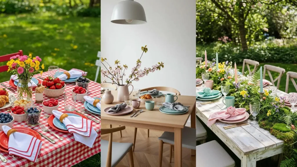 Plusieurs tables de brunch de printemps décorées avec serviettes pliées en fleurs, assiettes colorées et fleurs fraîches.