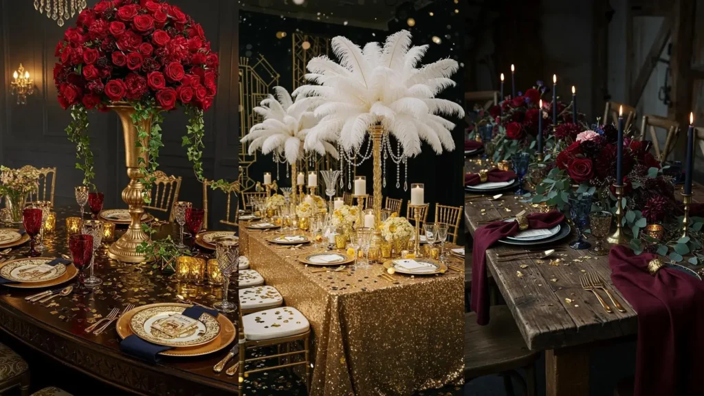 Décorations de tables glamour avec verres dorés, confettis et somptueux centres de table floraux pour un anniversaire.