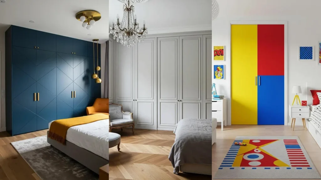 Inspirations DIY pour des portes de dressing stylées : bleu géométrique, classique chic et design coloré.