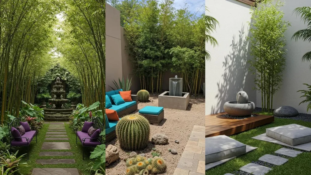 Des jardins tropicaux avec bambou, fontaines zen apaisantes et coussins colorés pour une ambiance détente.