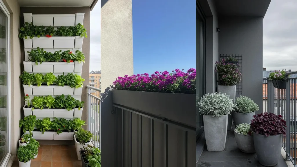 Jardinières design, cadres suspendus et étagères fleuries pour un balcon végétalisé moderne et élégant.