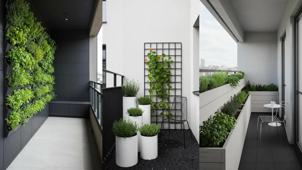 Plusieurs mini-potagers urbains design pour herbes aromatiques sur balcons modernes.
