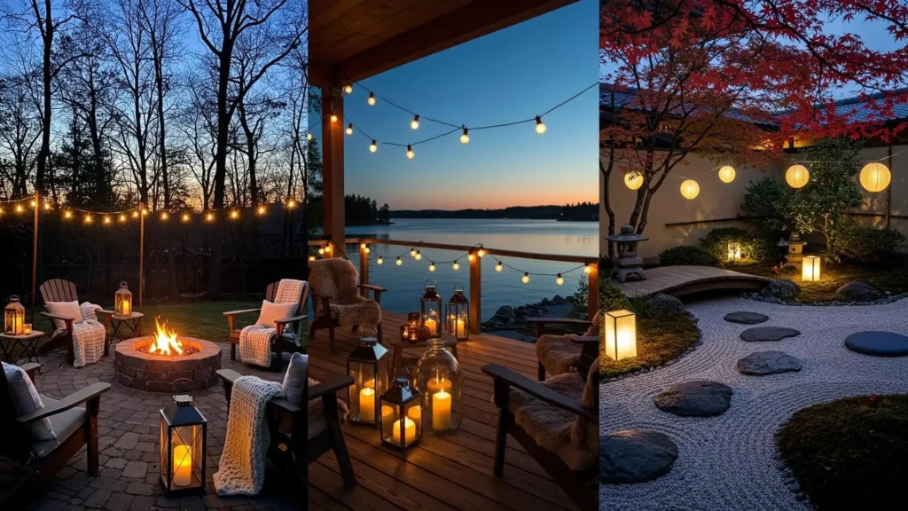 Ambiance cosy d'automne avec guirlandes lumineuses, lanternes et lumière chaude pour une soirée relaxante en extérieur.